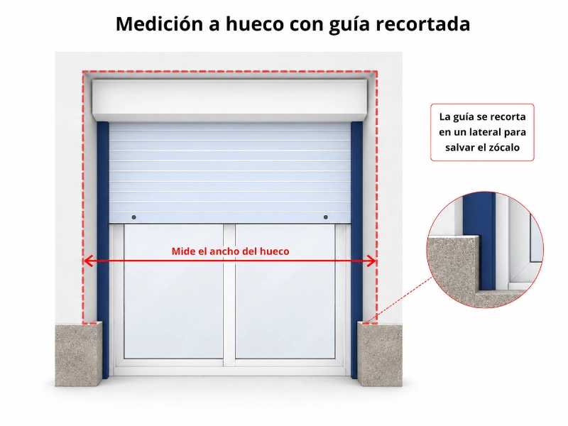 Persiana a hueco con guía recortada lateralmente para salvar un zócalo